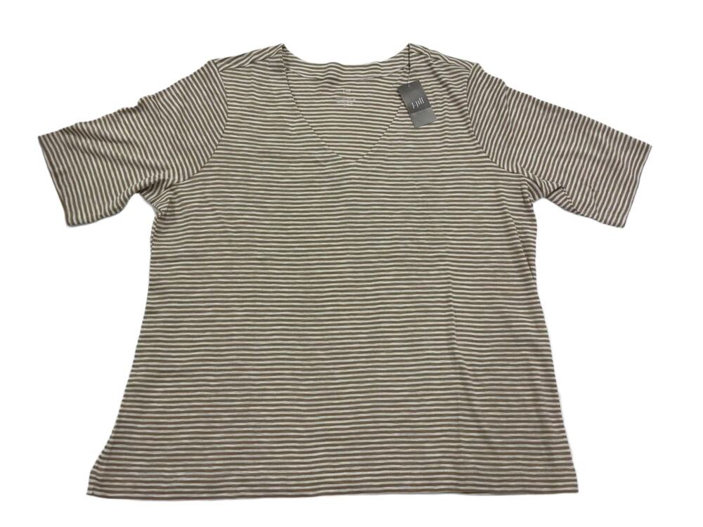J.Jill Pima-Slub V-Neck Tee Womens 2X Tan Cream Stripe Pima Cotton T-Shirt NWT
